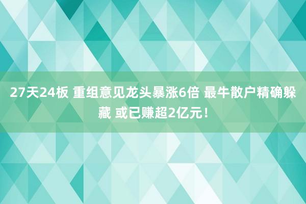 27天24板 重组意见龙头暴涨6倍 最牛散户精确躲藏 或已赚超2亿元！